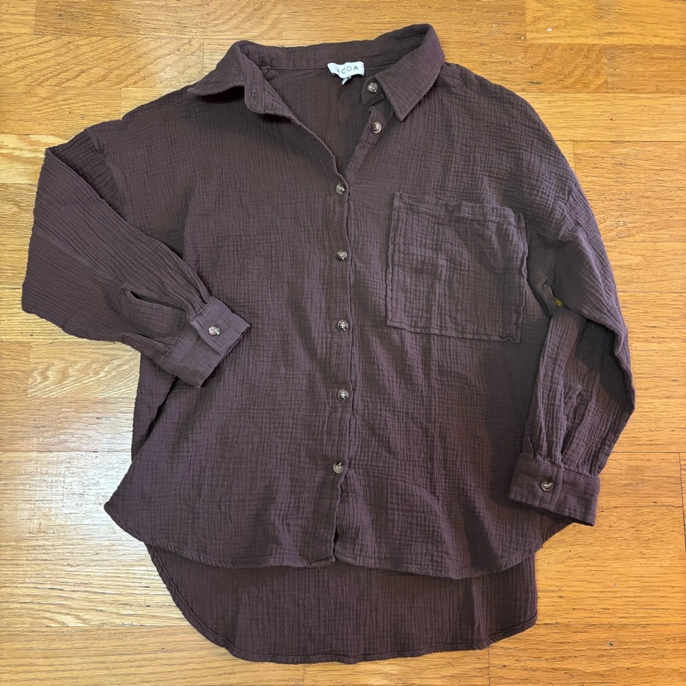 ACOA Brown Gauzy Cotton Coastal Resortwear Slouchy Boho Long Sleeve Shirt M/L